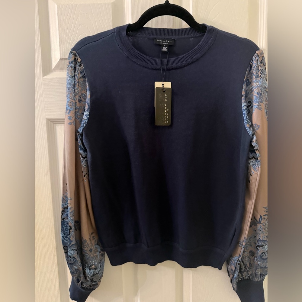 Current Air Navy Sweater with Floral Blouse Sleeves Size S NWT